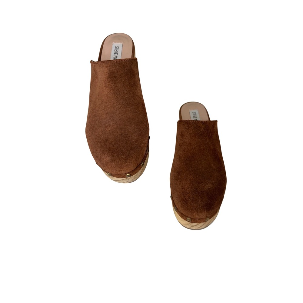 Steve Madden Brooklyn-1 Brown Suede Wooden Platform Clog Mules Studded 7.5M